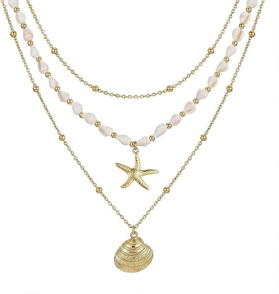Seashell Starfish Necklace for Women Conch Shell Summer Pearl Beach 14k Gold Layered Dainty Choke... | Amazon (US)