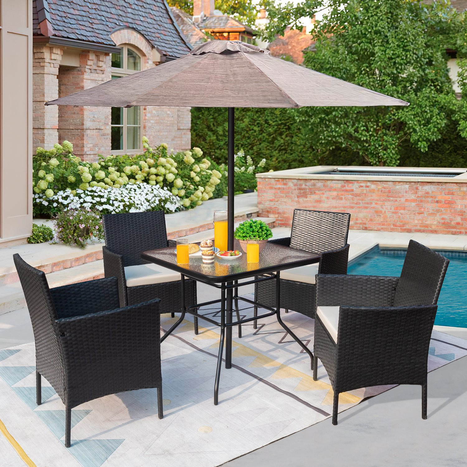 Vineego 5 Piece Patio Conversation Set Wicker Chairs Set with Tempered Glass Table, Beige | Walmart (US)