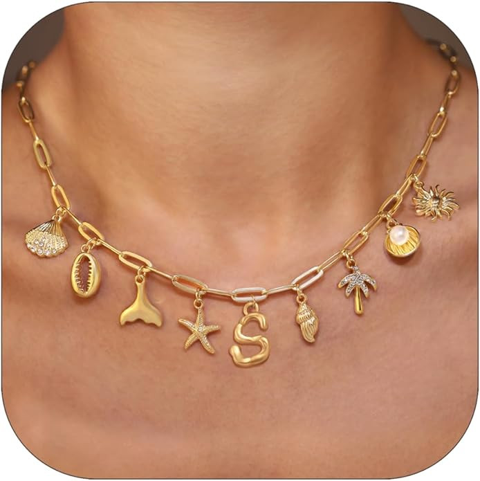Initial Charm Necklace For Women Shell Letter Necklaces Gold Charms Pendant Boho Summer Seashell ... | Amazon (US)