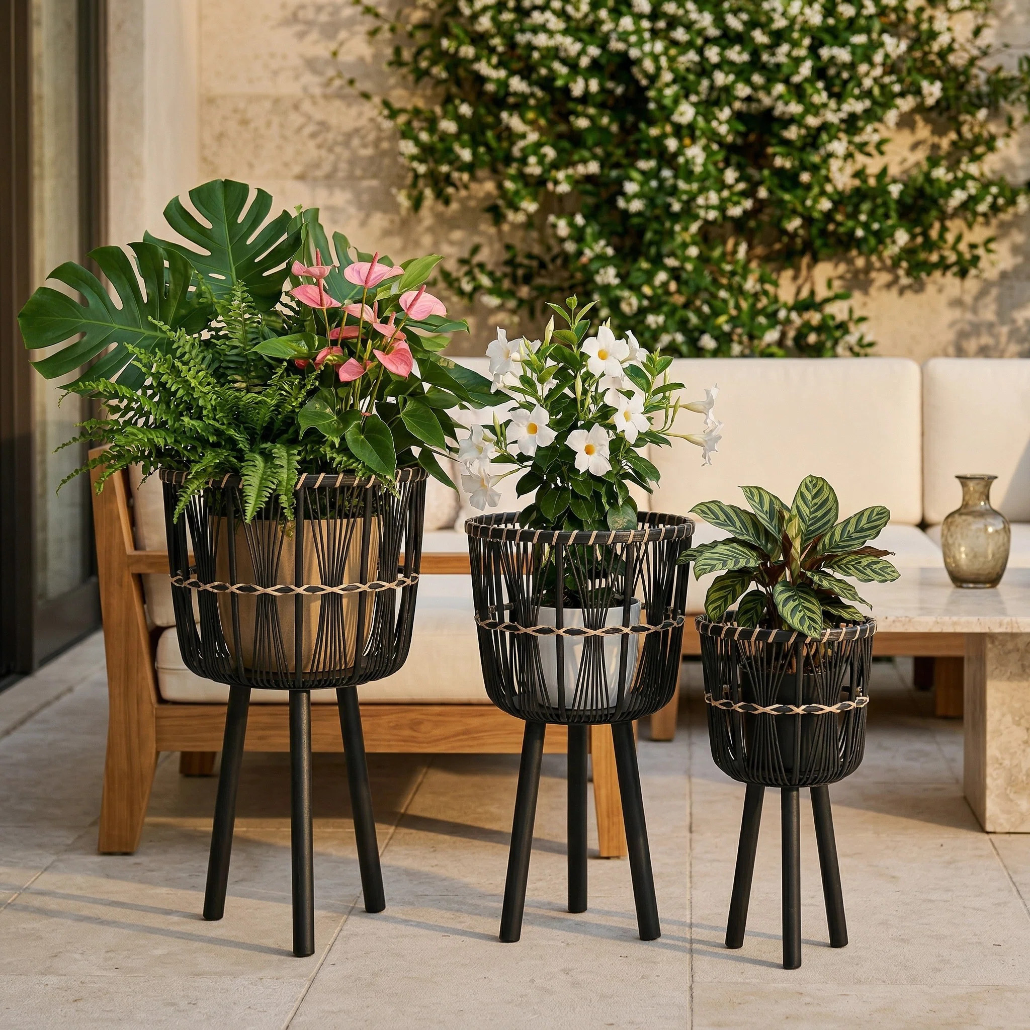 Toole Bamboo Planter Pots on Tripod Stands, Indoor and Outdoor Set | Wayfair North America