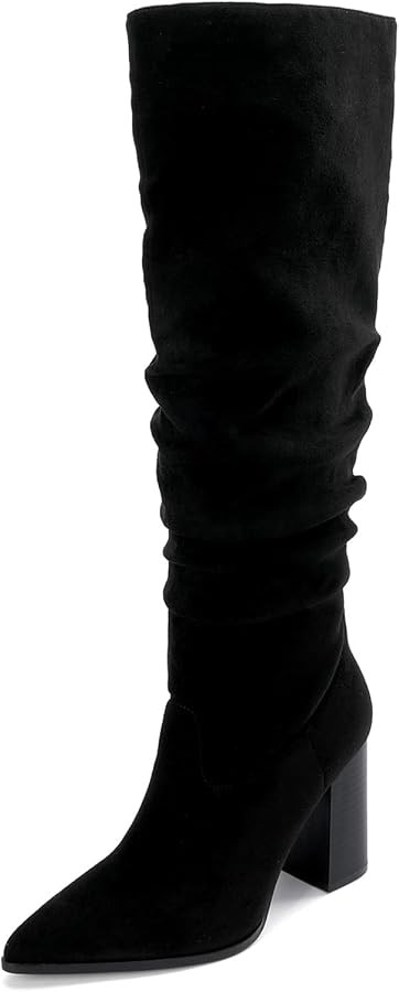 Knee High Boots Faux Suede Pointed Toe Boots for Women Chunky Block Tall Boots with Side Zip | Amazon (US)