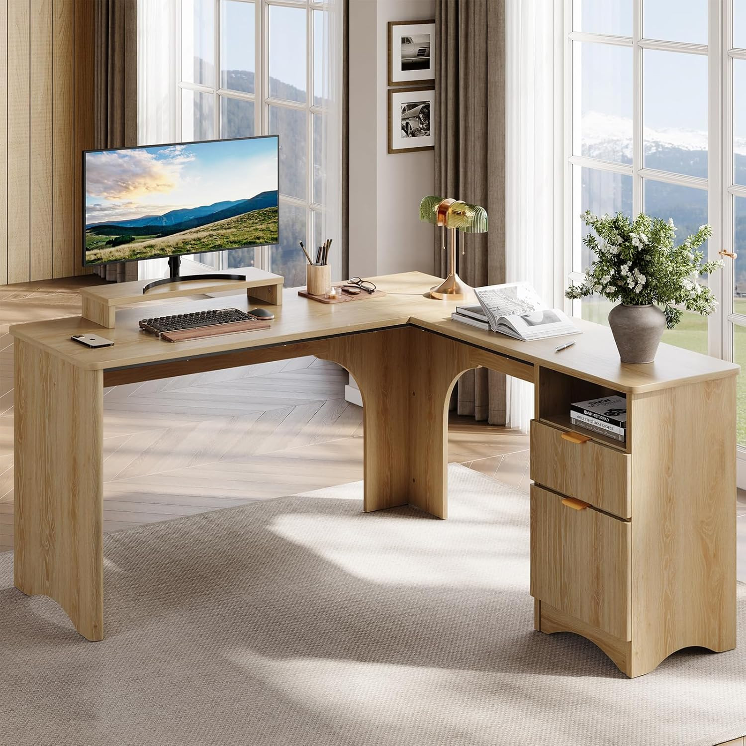 Bestier 55.12-in W 2-Drawer Oak L-Shaped Computer Desk with Monitor Stand and Fluted Panels | Lowe's