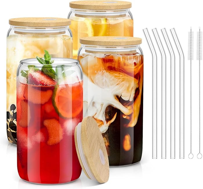 sungwoo 4PCS Glass Cups with Bamboo Lids and Straws, 16OZ Ice Coffee Cup, Drinking Cup set with Wooden Lids, Home Essential Glass Tumblers for Beer, Cocktail, Tea and Latte Clear | Amazon (US)