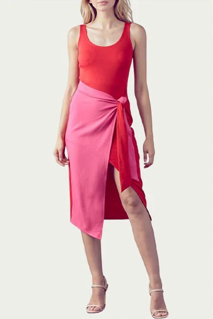 Color-Block Wrap-Effect Midi Dress in Red/Pink | Shop Premium Outlets
