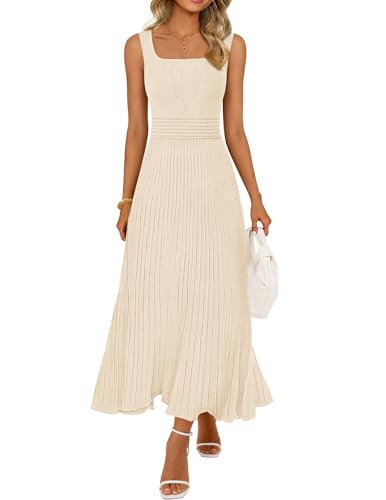 MEROKEETY Women's Summer Casual Midi Dress 2026 Square Neck Sleeveless Pleated A Line Business Work Vacation Cocktail Dresses, Apricot, M | Amazon (US)
