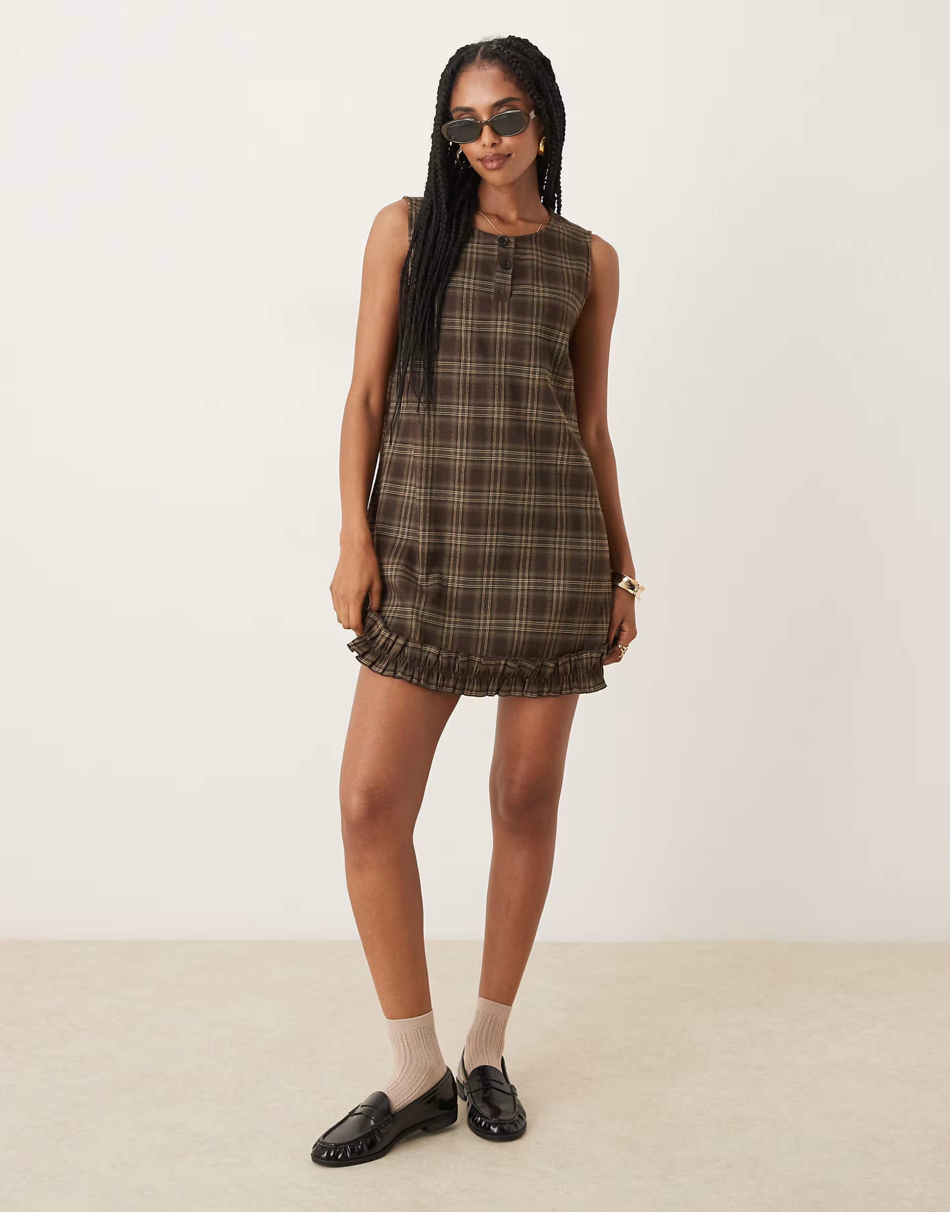 Neon Rose check print mini shift dress in brown | ASOS (Global)