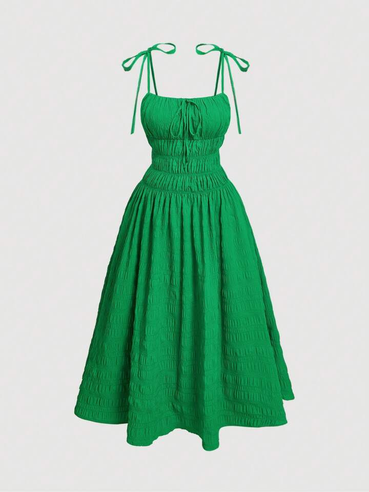SHEIN MOD Plus Size Green Teen Girl Vacation Tie Up Textured Fabric Ruffle Hem Dress.Plus Size Dresses Summer | SHEIN