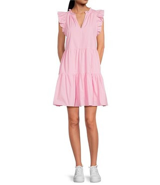 Split V-Neck Ruffle Cap Sleeve Tiered Poplin Mini Dress | Dillard's