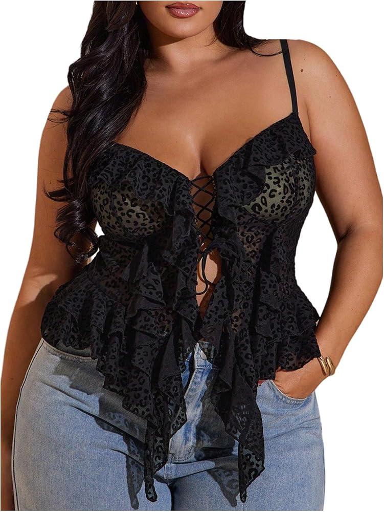 SHENHE Women's Plus Size Sexy Open Front Lace Up Sheer Mesh Ruffle Trim Y2k Top Camisole Tank | Amazon (US)