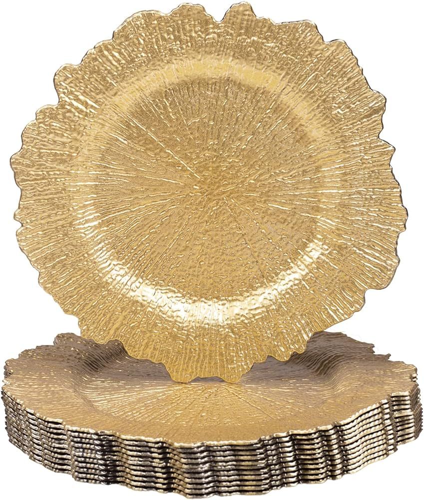 MAONAME 13" Gold Charger Plates, Round Reef Chargers for Dinner Plates, Plastic Plate Chargers fo... | Amazon (US)