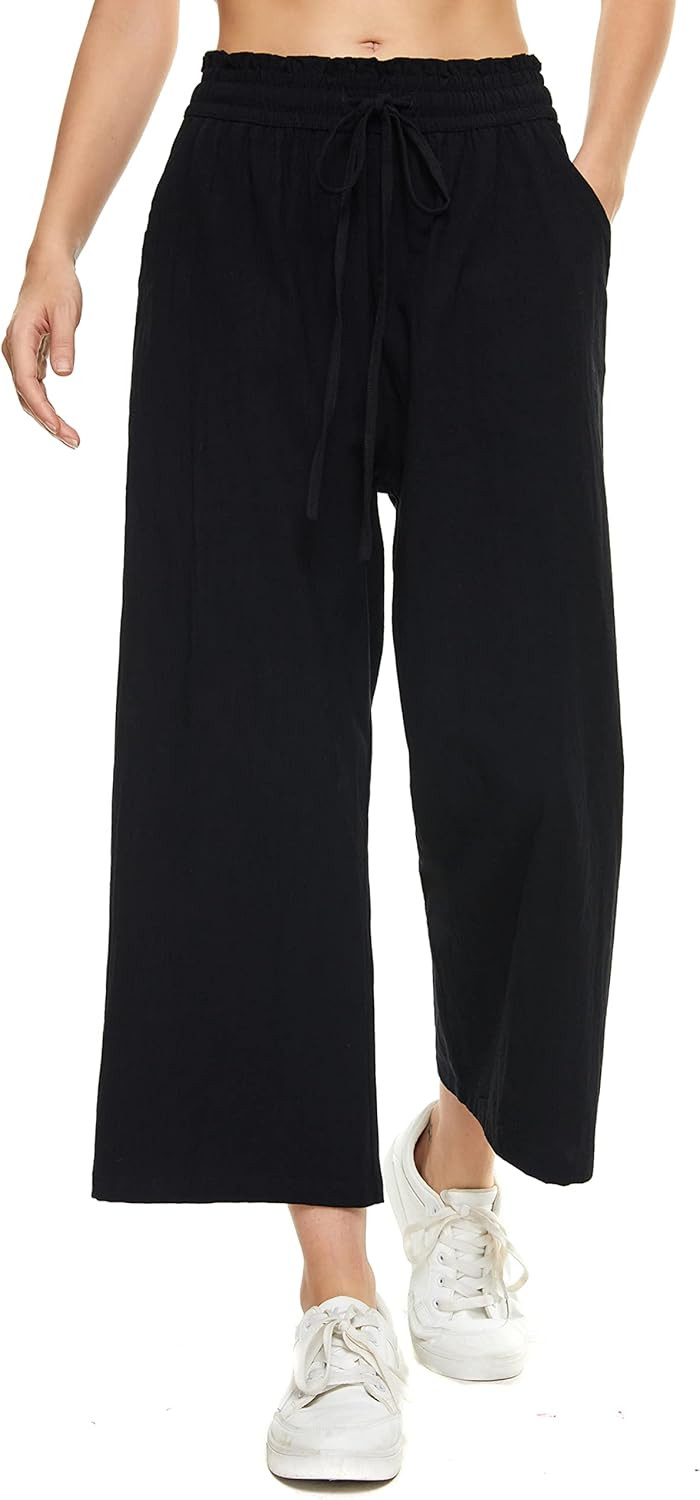 LNX Womens Wide Leg Linen Pants High Waisted Drawstring 100% Linen Flowy Crop Trousers with Pocke... | Amazon (US)