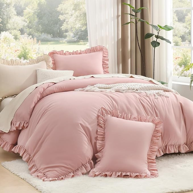Litanika Full Size Comforter Sets, 3 Pieces Blush Pink Ruffle Girls Women Cute Bedding Comforters... | Amazon (US)