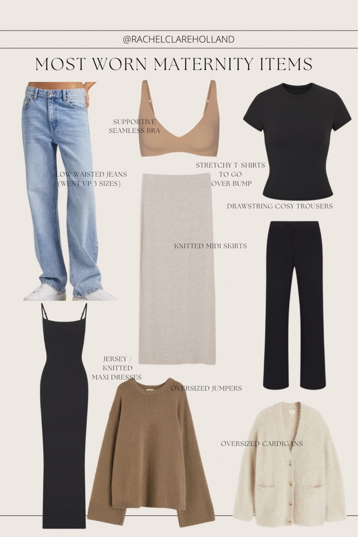 Most worn maternity items: blue straight jeans, supportive seamless bra, stretchy tshirt, cosy trousers, midi skirts, maxi strap knit dress, oversized jumper, cardigan

#LTKstyletip #LTKSeasonal #LTKeurope