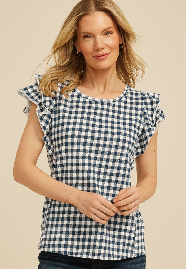 24/7 Gingham Double Flutter Sleeve Tee | Maurices