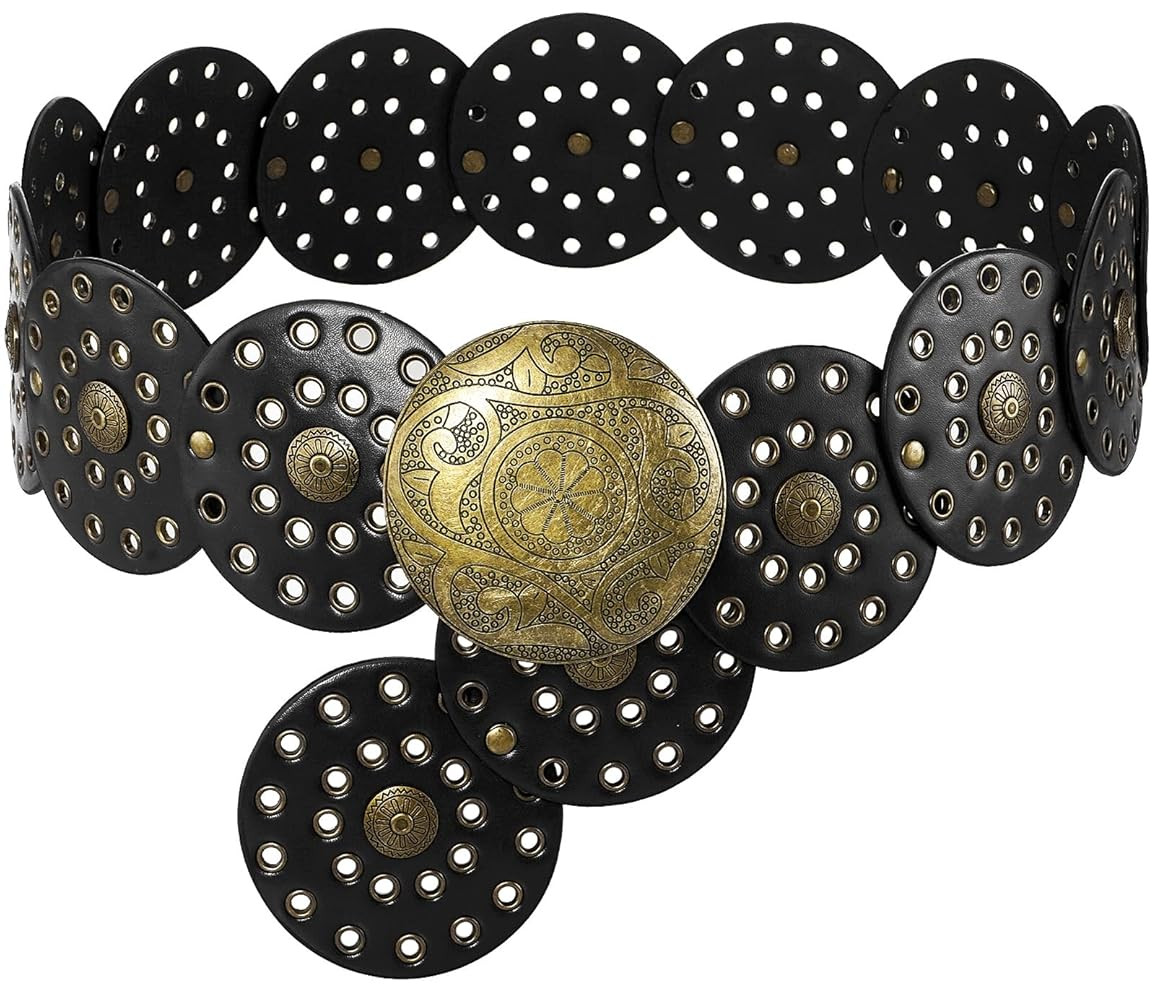Suyi Wide Disc Belt for Women Leather Hollow Out Round Belts Vintage Western Waist Belt | Amazon (US)