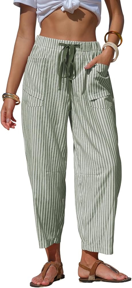 Byinns Womens Faux Linen Striped Barrel Pants Comfy Drawstring Capri Pant Summer Beach Vacation L... | Amazon (US)