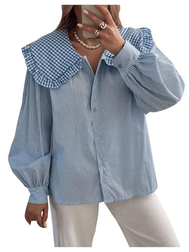 GORGLITTER Women's Peter Pan Collar Shirt Blouse Long Sleeve Ruffle Large Doll Collar Button Shirt Tops Trendy 2025 Blue and White X-Small | Amazon (US)