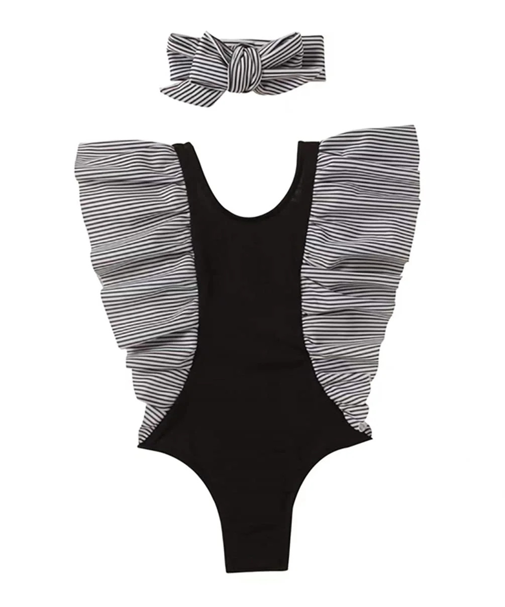 Stylesilove Baby Toddler Girls Stripe Ruffled One-Piece Swimsuit with Headband Black Bathing Suit... | Walmart (US)