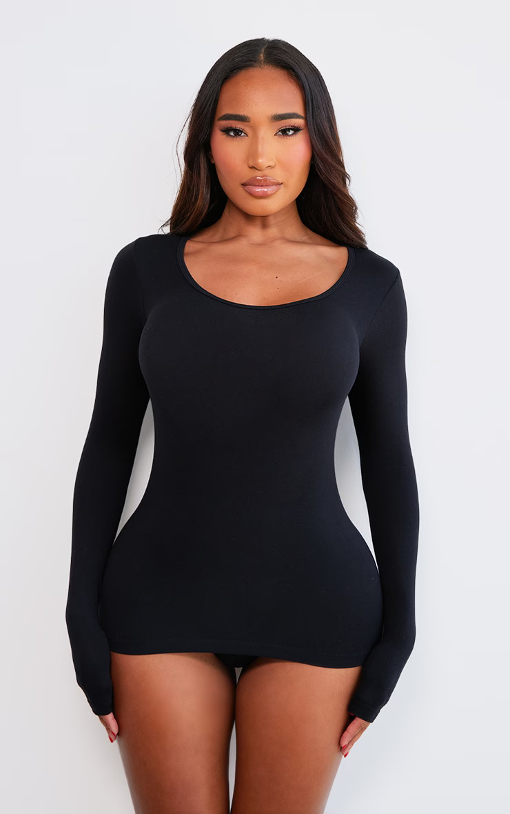 Shape Black Stretch Seamless Long Sleeve Longline Top | PrettyLittleThing US