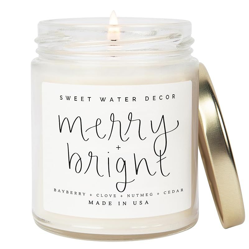 Sweet Water Decor Merry and Bright Candle | Fir, Nutmeg, and Clove, Winter Holiday Scented Soy Ca... | Amazon (US)