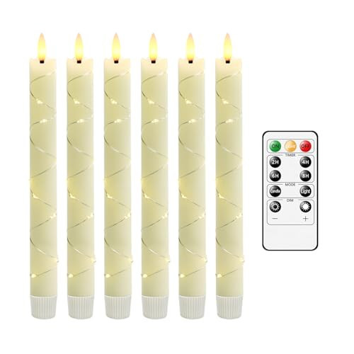 JINYANIA Flameless Taper LED Candles with Embedded Star String, Flickering Battery Operated Real Wax Candles with Remote Timer, 6pcs（0.78X9.64 Inch） for Romantic Ambiance and Home Decoration（Ivory） | Amazon (US)