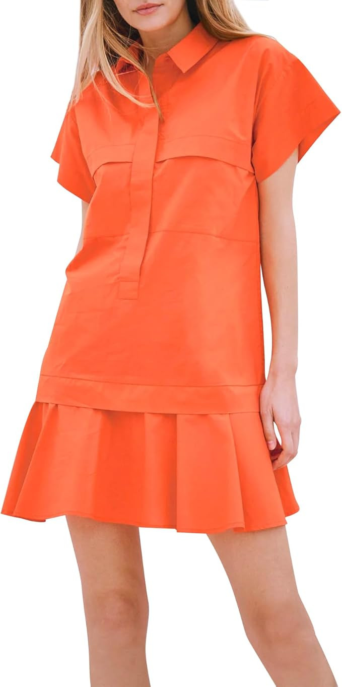 Women's Cotton Drop Waist Ruffle Hem Shirt Dress Short Sleeve Button Down Tunic Dress with Pocket... | Amazon (US)