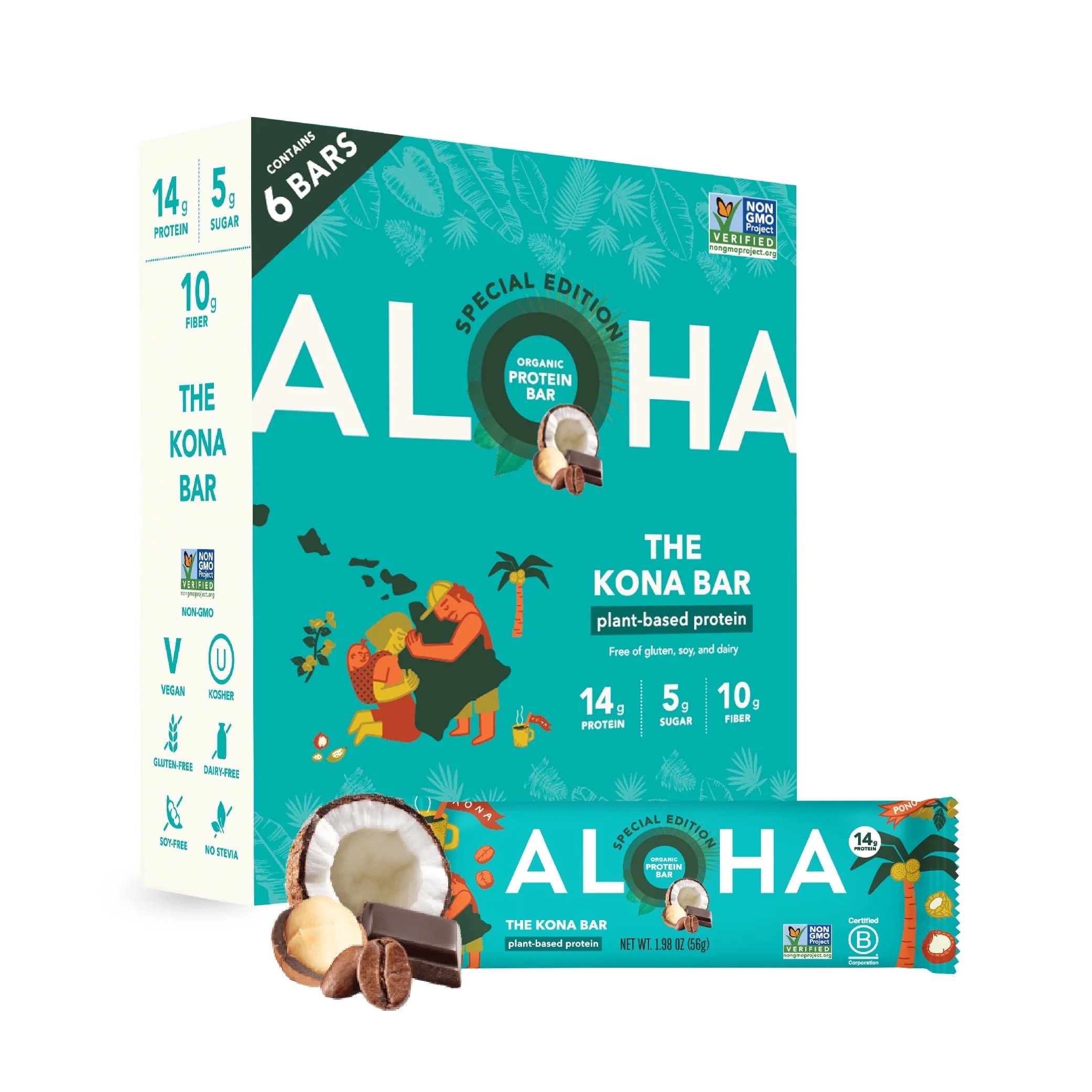 ALOHA, Organic Plant Based Protein Bars, The Kona Bar, 14g Protein (Pack of 6) | Walmart (US)