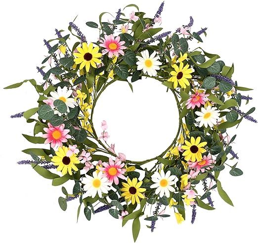 Artificial Spring Wreath,20” Pink Yellow White Flower Wreath Daisy Sunflower Wreath for Front D... | Amazon (US)