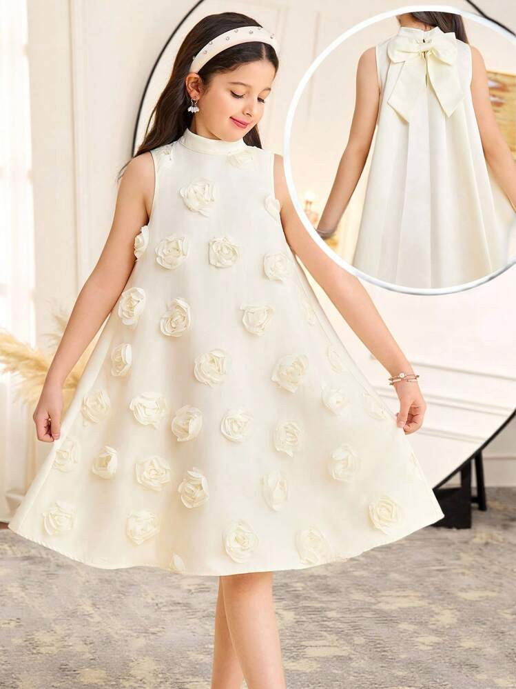 SHEIN Tween Girl Casual Elegant 3D Flower & Large Bow Decor Pleated Back Sleeveless Stand Collar ... | SHEIN