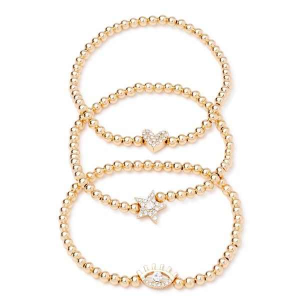 Scoop Womens Gold-Tone Crystal Star, Heart, Evil Eye Bead Stretch Bracelet Trio, 3-Piece - Walmar... | Walmart (US)