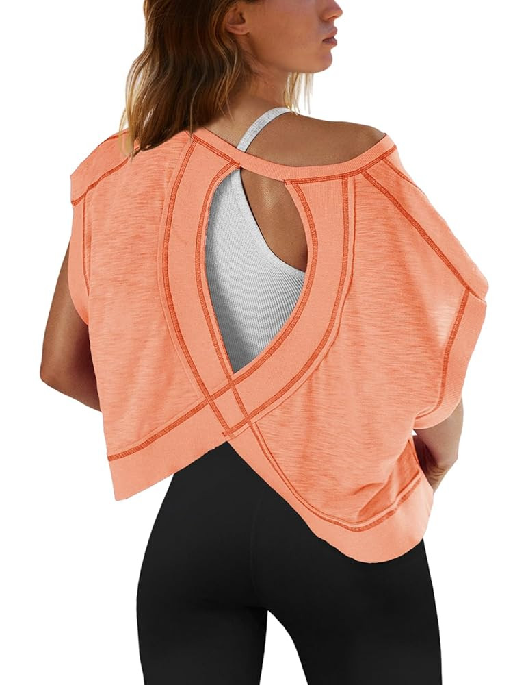 SENSERISE Womens Open Back Workout Tops Backless Short Sleeve Athletic Shirt Running Crop Top Gym... | Amazon (US)