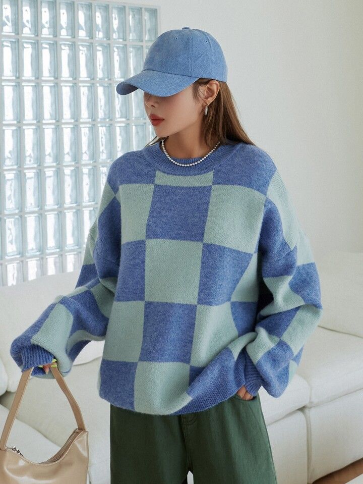 DAZY Checkered Pattern Drop Shoulder Sweater | SHEIN