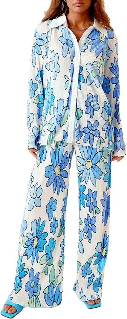 HEZIOWYUN Women Two Piece Outfits Pleated Pants Sets Vintage Floral Long Sleeve Button Down Shirt... | Amazon (US)