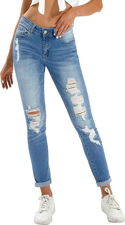 Genleck Women's Ripped Boyfriend Skinny Jeans Cute Distressed Stretch Slim Fit Tapered Denim Pant... | Amazon (US)