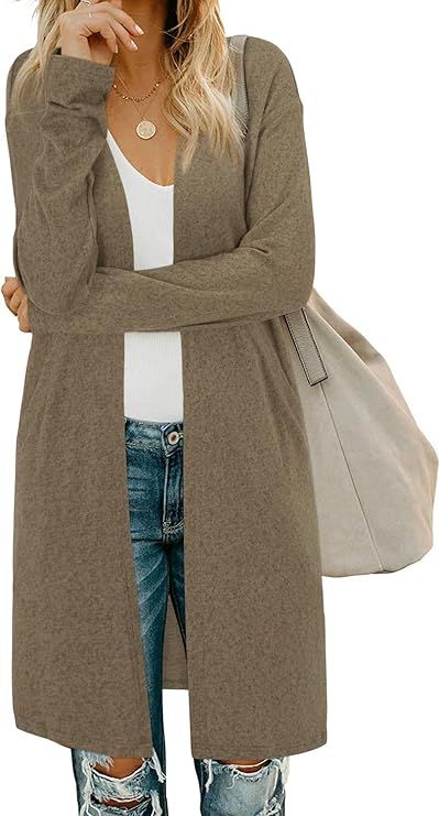 OUGES Women's Open Front Cardigan Shirt with Pockets Long Sleeve Lightweight Coat | Amazon (US)