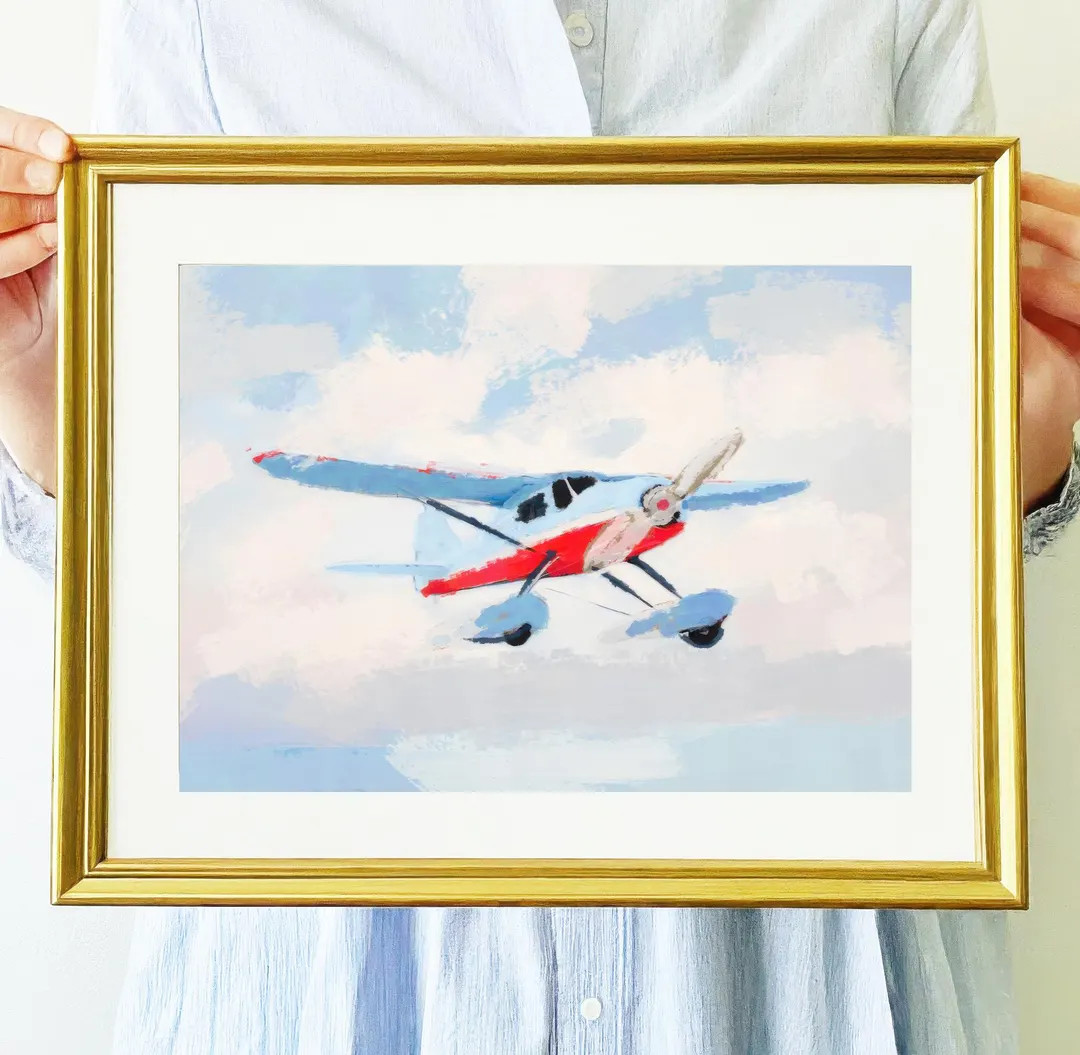Grandmillenial Wall Decor | Nursery Pastel Red Blue Plane Digital Art Print | Baby Boy Vintage Oi... | Etsy (US)