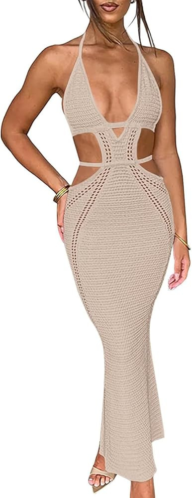 Women's Elegant Bodycon Crochet Dress Halter Tie Back Slim Hollow Out Dress Wedding Party Evening... | Amazon (US)