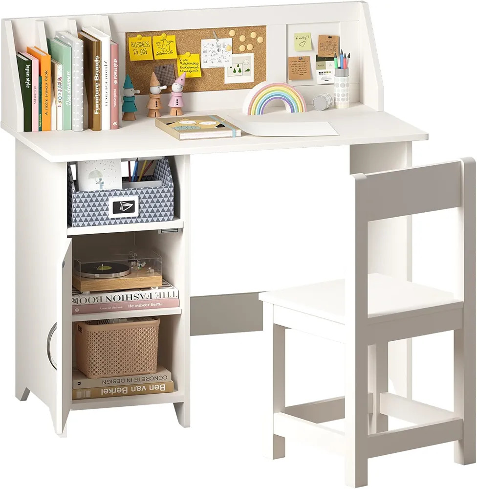 White Kids Desk with Chair, Wooden Study Table for Boys and Girls, Kids Computer Desk with Storag... | Amazon (US)