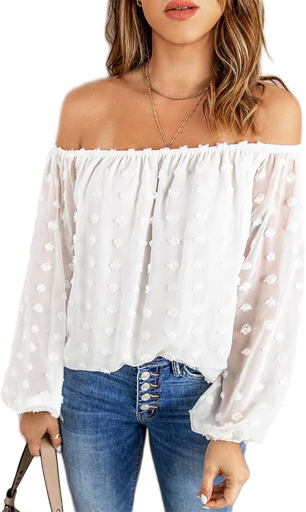 Jollycode Women's Off The Shoulder Chiffon Blouses Summer Long Sleeves Pom Pom Tops Shirts | Amazon (US)