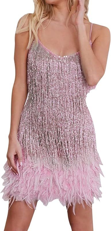 MDNZCTH Women's Sparkly Sequins Tassel Sling Spaghetti Strap Dresses Sexy Fringe Hem Glittery Shi... | Amazon (US)