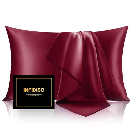 INFIIXSO Silk Pillow Cases 2 Pack Standard Size, Ultra Smooth & Soft Mulberry Silk Pillow Case for Hair and Skin, Breathable Cooling Silk Pillowcase with Hidden Zipper (Burgundy, 20x26 Inches) | Amazon (US)
