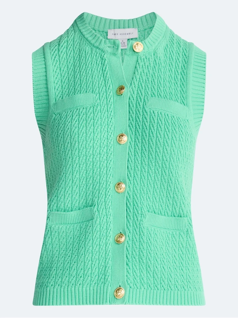 Free Assembly Women's and Women's Plus Button Front Cable Knit Sweater Vest, Lightweight, Sizes X... | Walmart (US)