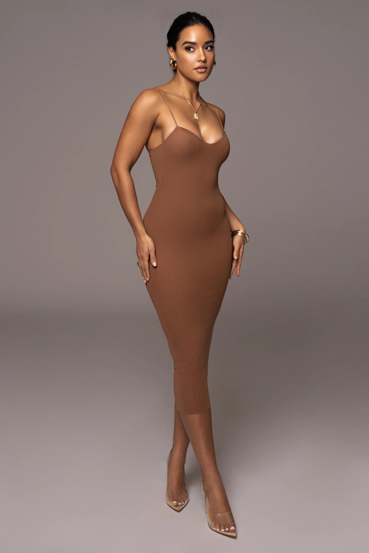 Pecan Rochelle Mesh Midi Dress | JLUXLABEL