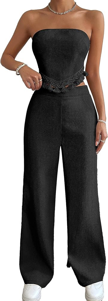 OYOANGLE Women's 2 Piece Outfits Summer Casual Fringe Trim Tassel Tube Top and Wide Leg Pants Set | Amazon (US)
