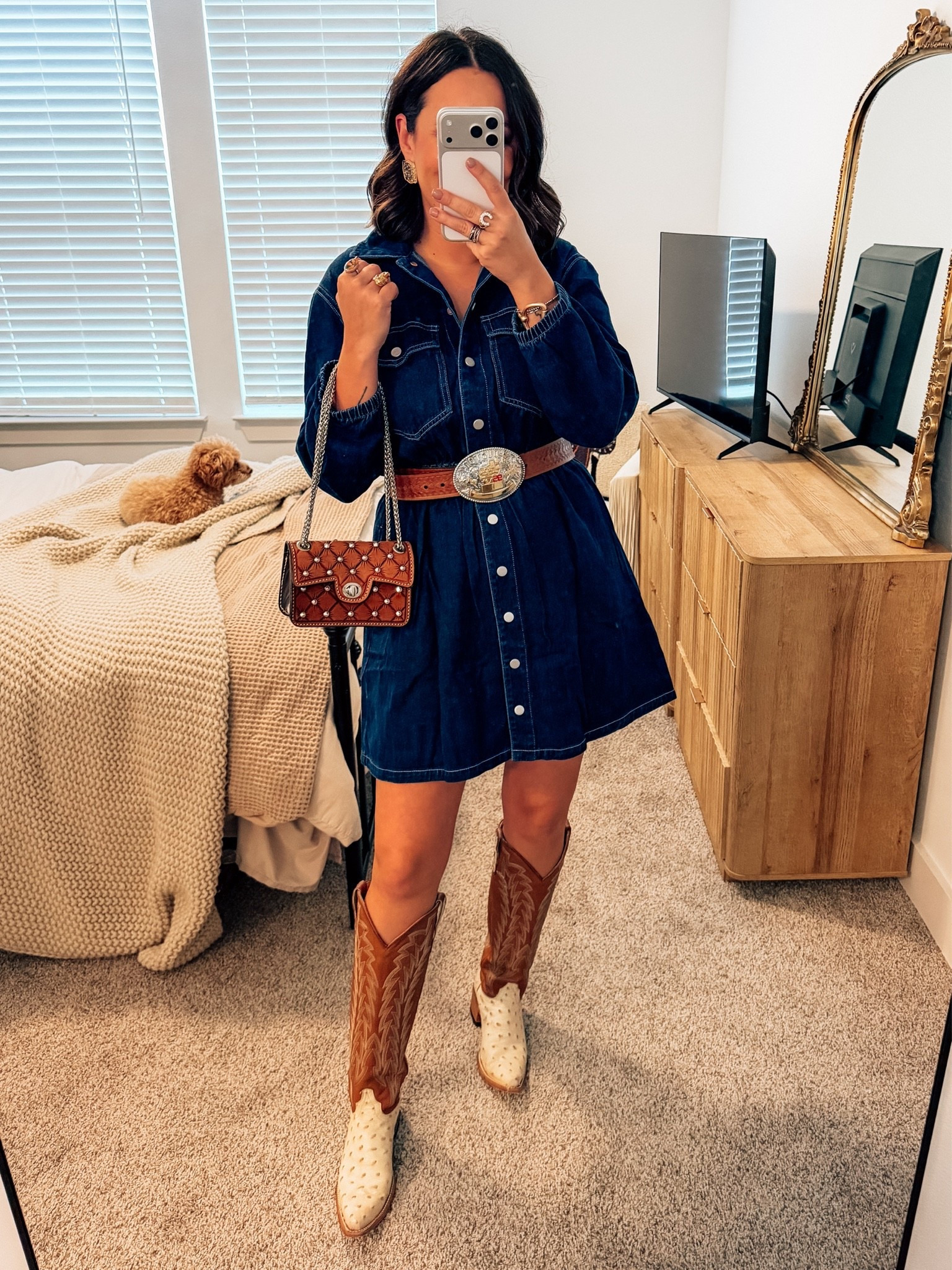 Denim dress for rodeo, NFR, PBR , western country concert from Amazon in a medium - bag is Alamo saddles, belt and boots linked. Earrings are hillbetty and buckle is vintage

#LTKgrwm #LTKootd