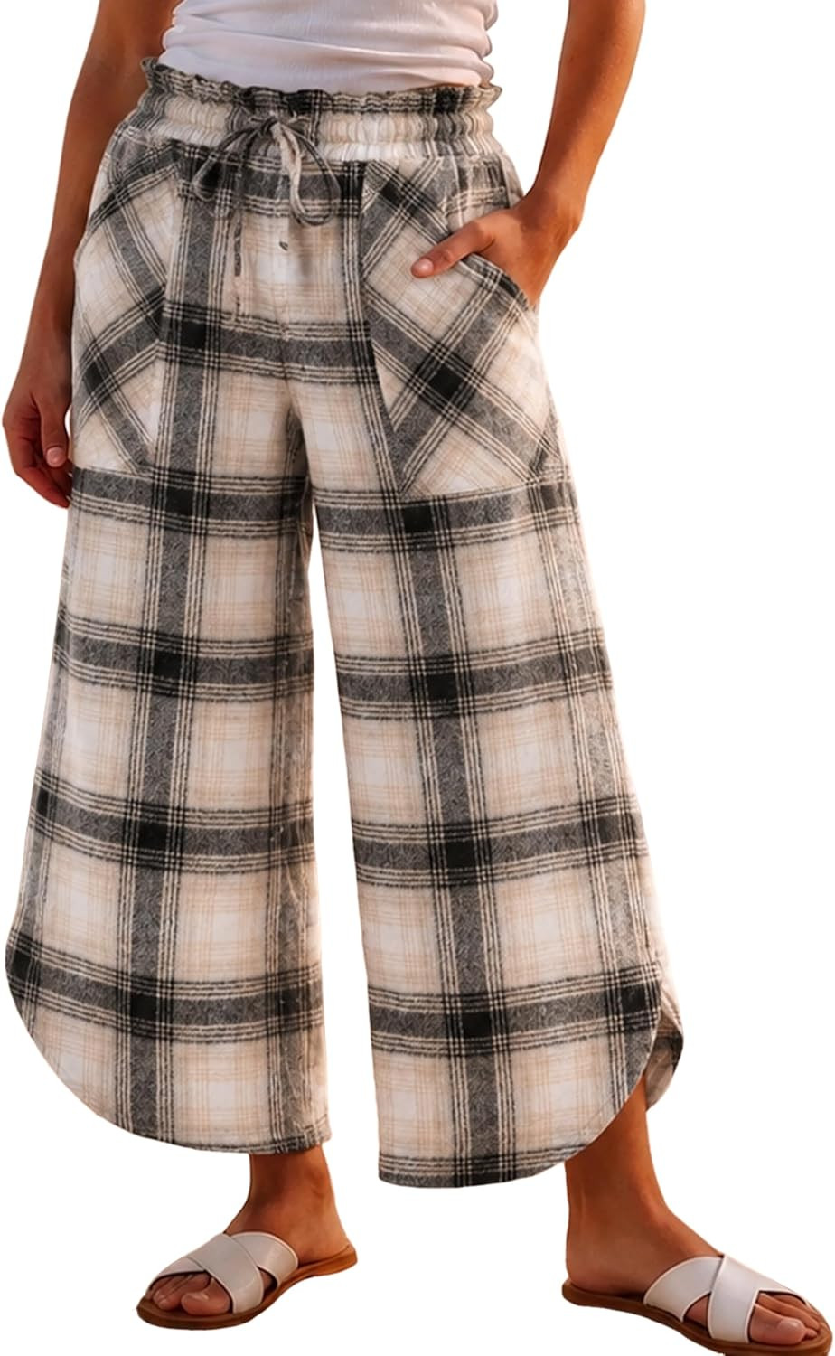 Yeokou Women’s Plaid Wide Leg Pants Fall Tulip Hem Casual Trousers | Amazon (US)