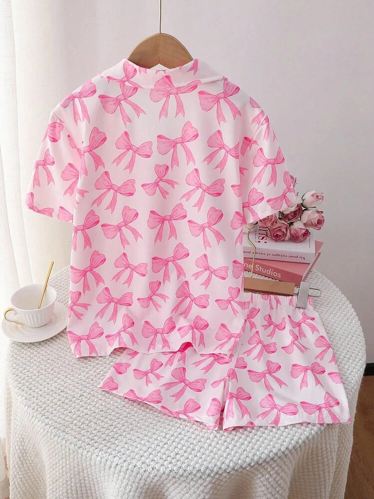 Tween Girls Pajamas Set, Light Blue Butterfly Print Shirt & Shorts, Fashionable & Elegant 2 Pieces Sleepwear Pink Bow Pajama Set | SHEIN