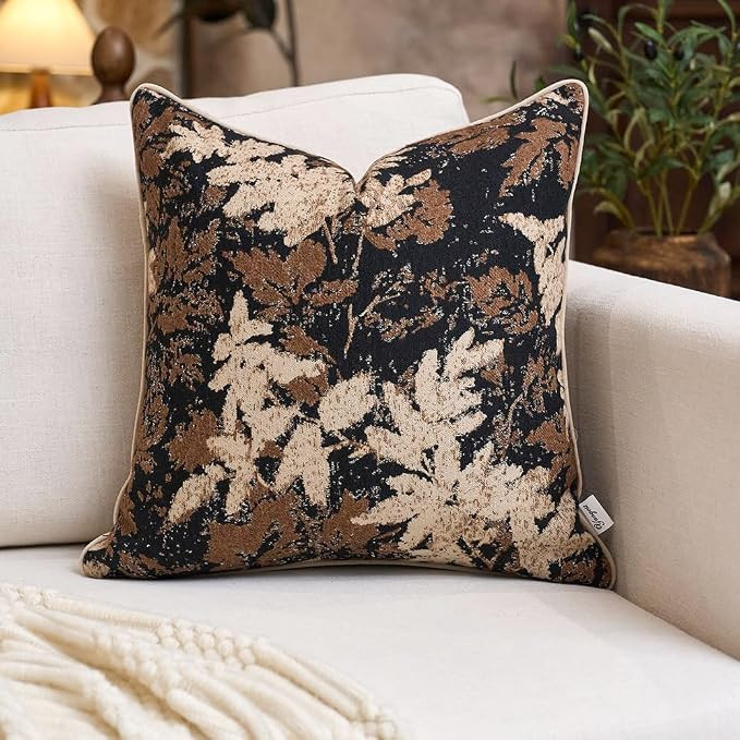 Neutral Leaf Pillow Cover 20 x 20 Inches, Vintage Chenille Square Throw Pillow Cover Soft Leaves ... | Amazon (US)