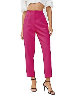 JEAAMKSSER Women's High Waisted Business Trousers Straight Leg Pleated Office Slacks Pants | Amazon (US)