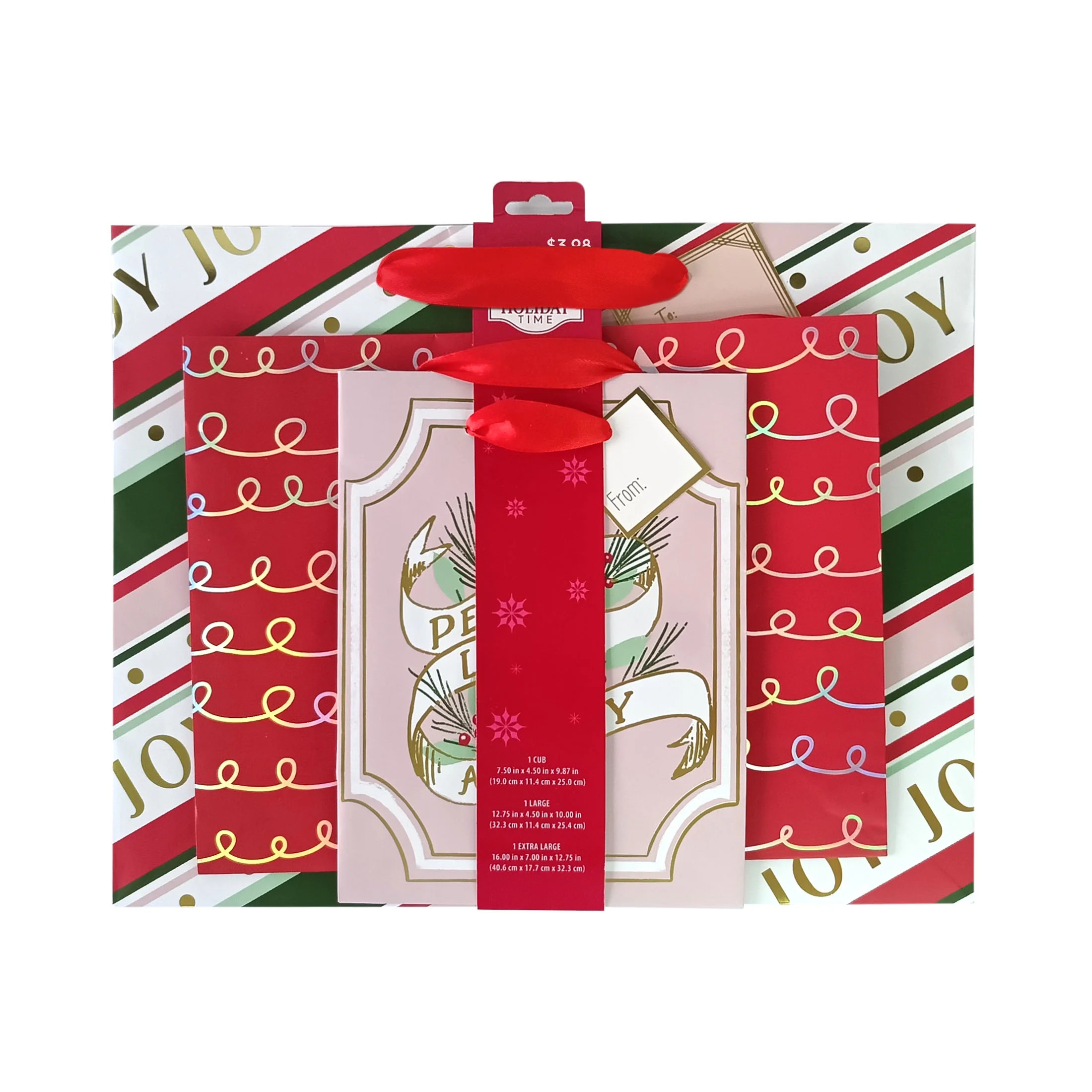 Assorted Pink, Red & Green Christmas Gift Bag Set, 3 Sizes, 3 Count by Holiday Time | Walmart (US)
